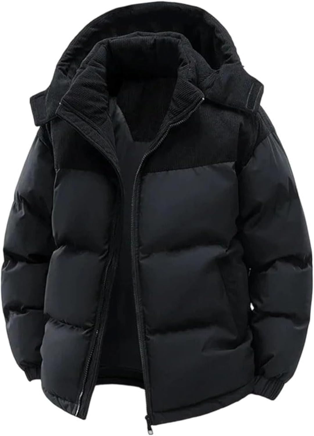 Men's Hooded Winter Puffer Jacket Patchwork Corduroy Thickened Coat Loose Casual Cotton-Padded Jacket