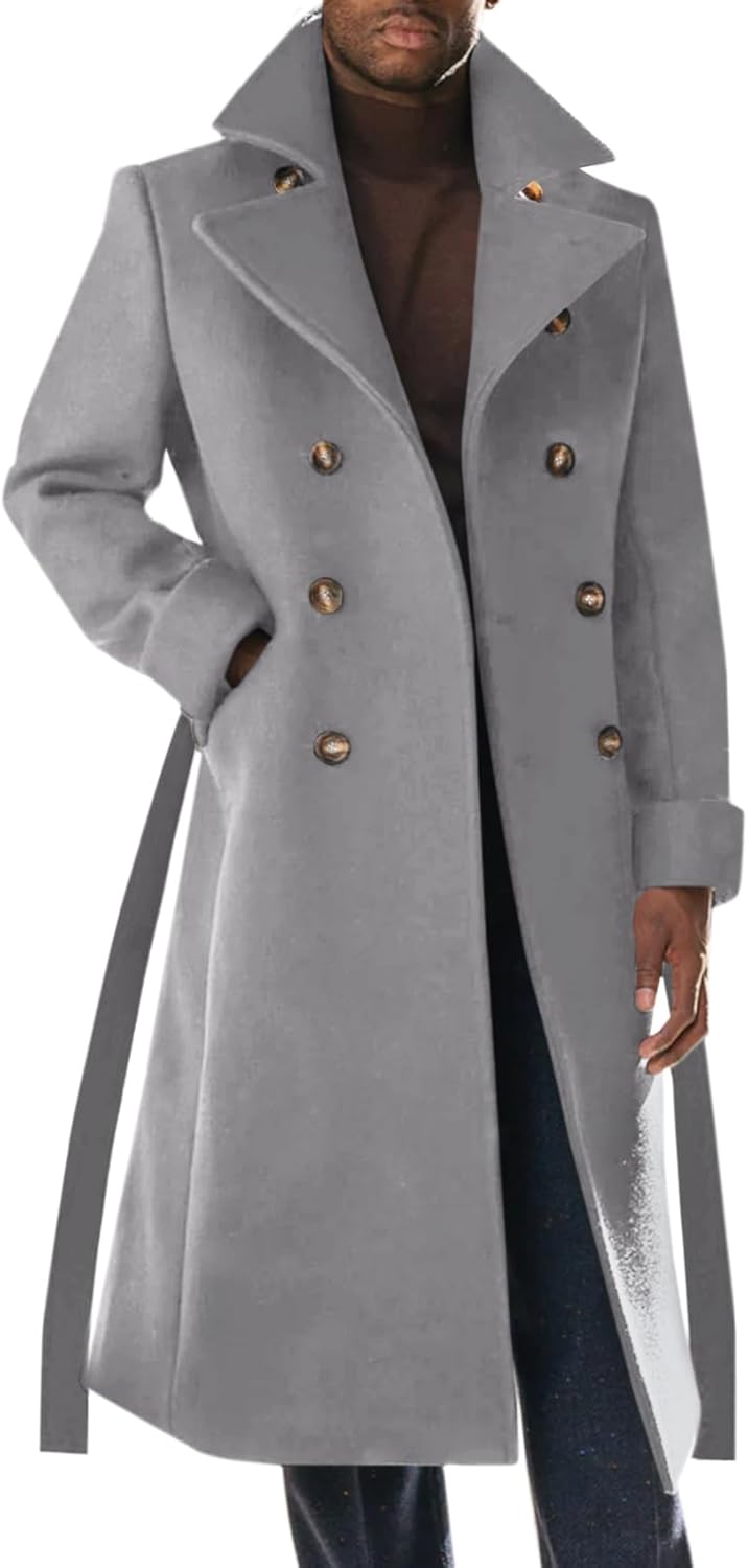 Mens Trench Coat Notch Lapel Double Breasted Belted Pea Coat Wool Blend Winter Warm Overcoat