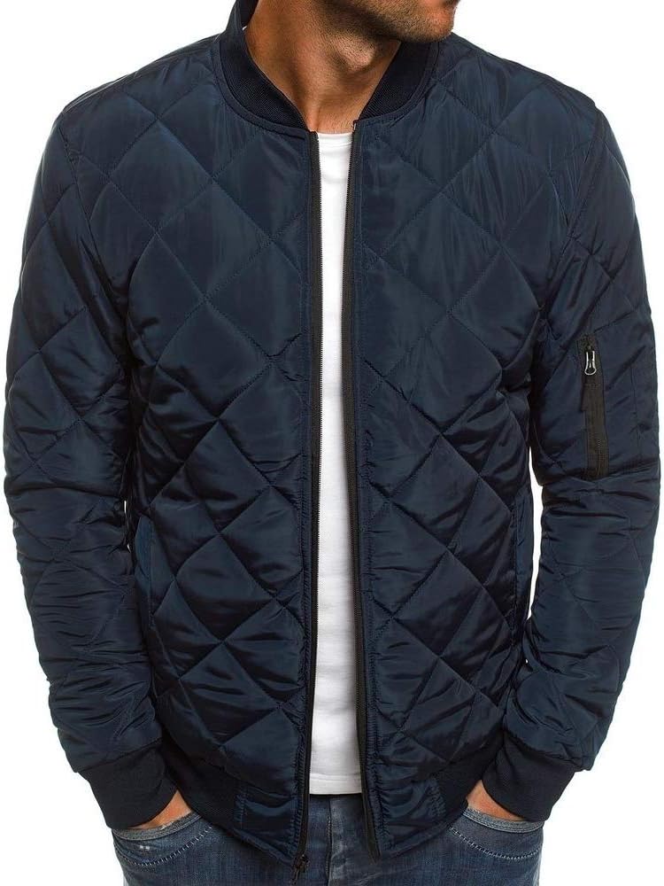 Mens Flight Bomber Diamond Quilted Jacket Lightweight Varsity Jackets Winter Warm Padded Coats Outwear
