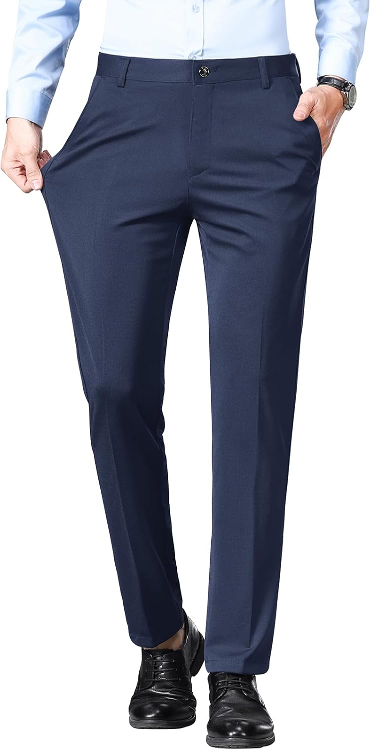 Men's Regular Fit Dress Pants Casual Business Flat Front Mens Wrinkle Free Comfort Stretch Pants
