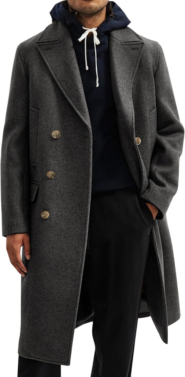 Mens Trench Coat Notch Lapel Slim Fit Double Breasted Casual Long Business Pea Coat Overcoat