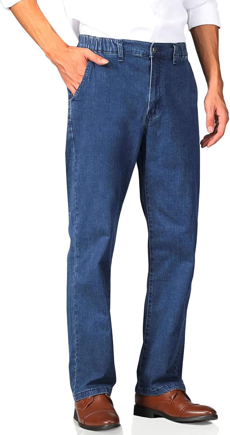 men Elastic Waist Jeans Relaxed Fit with Zipper and Button