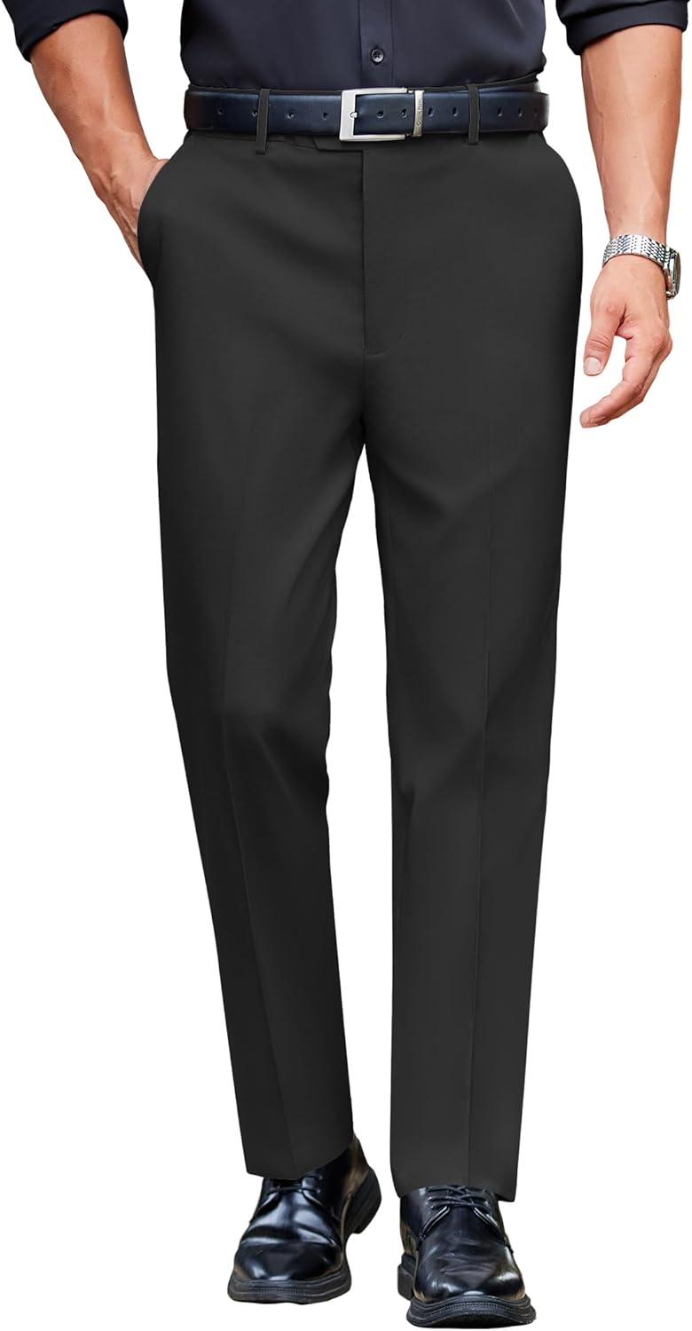 Mens Classic Casual Dress Pants Expandable Waist Suit Pant Slim Fit Flat Front Slacks