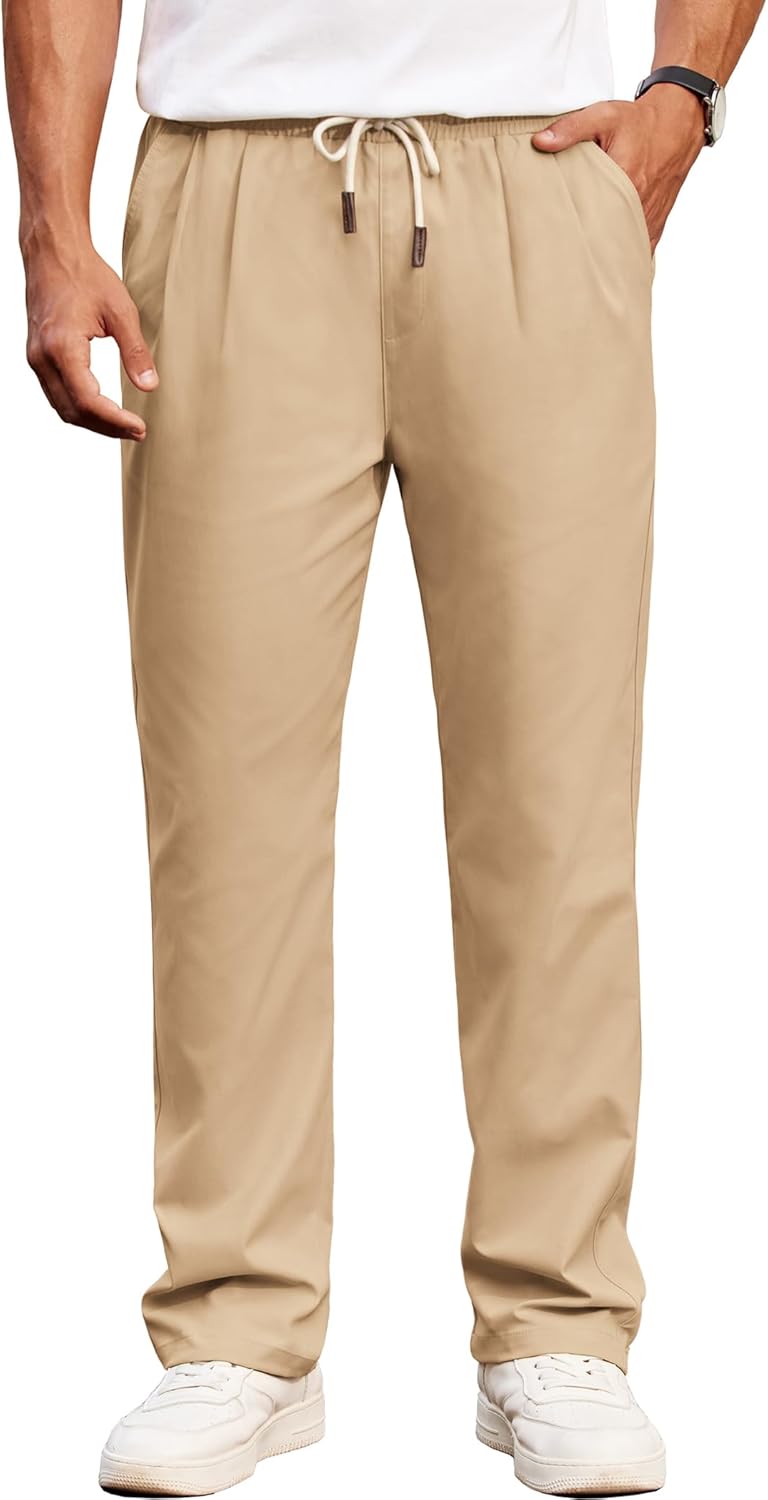 men Casual Chino Pants Relaxed Fit Drawstring Elastic Waist Lightweight Pant Twill Pleated Trousers