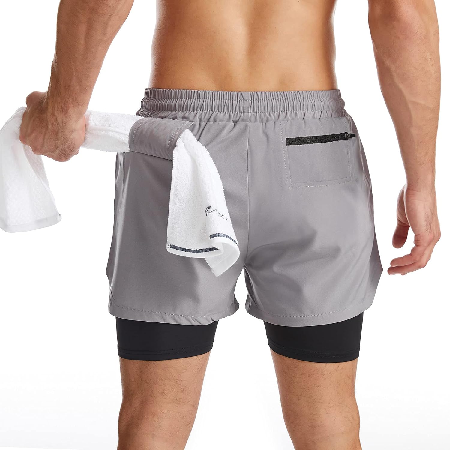 men 2 in 1 Running Shorts Quick Dry Athletic Shorts with Liner, Workout Shorts with Zip Pockets and Towel