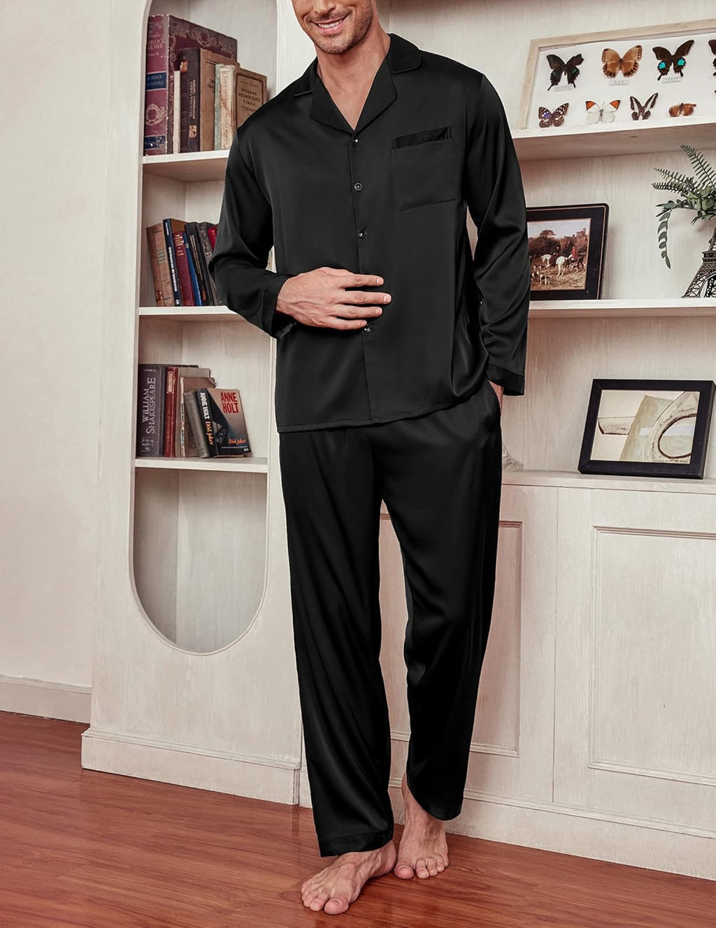 Men's Silk Pajama Set Long Satin Loungewear 2 Piece Pjs Classic Button Down Sleepwear S-XXL
