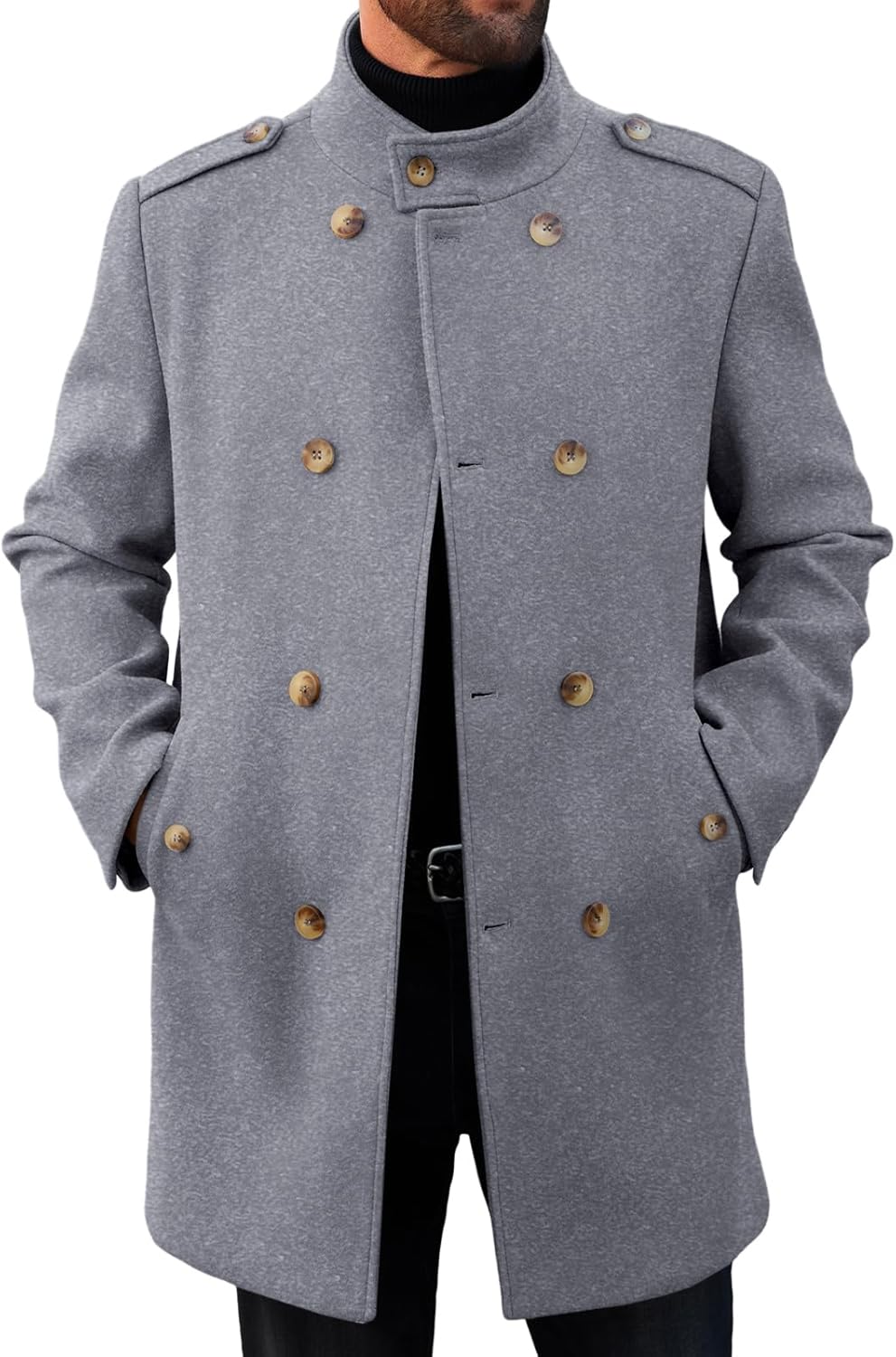 Mens Trench Coat Double Breasted Stand Collar Pea Coat Casual Fall Winter Warm Mid Long Overcoat