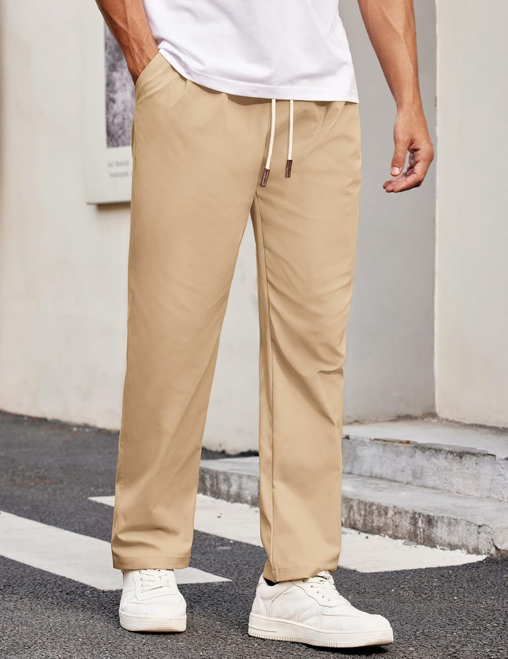 men Casual Chino Pants Relaxed Fit Drawstring Elastic Waist Lightweight Pant Twill Pleated Trousers