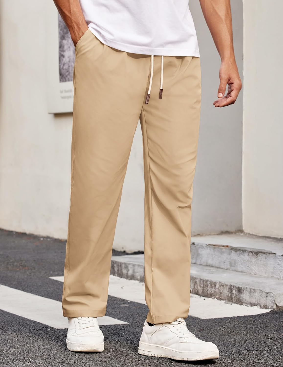 men Casual Chino Pants Relaxed Fit Drawstring Elastic Waist Lightweight Pant Twill Pleated Trousers