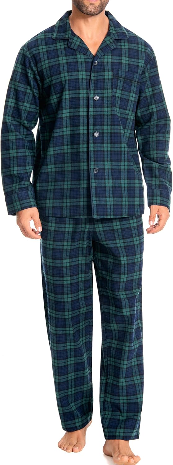 Mens Flannel Pajama Set 100% Cotton Plaid, Soft Brushed Winter Warm Long Sleeve Sleepwear PJ Top & Bottom U06AB
