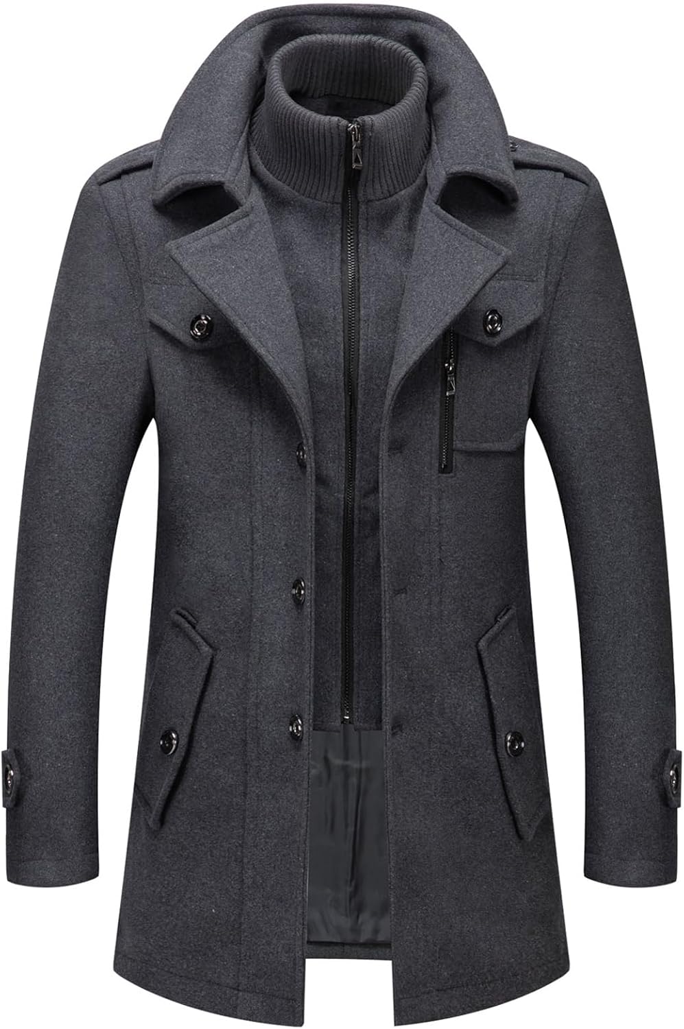 Men's Thermal Single Breasted Wool Blend Coat Business Peacoat with Detachable Zipper