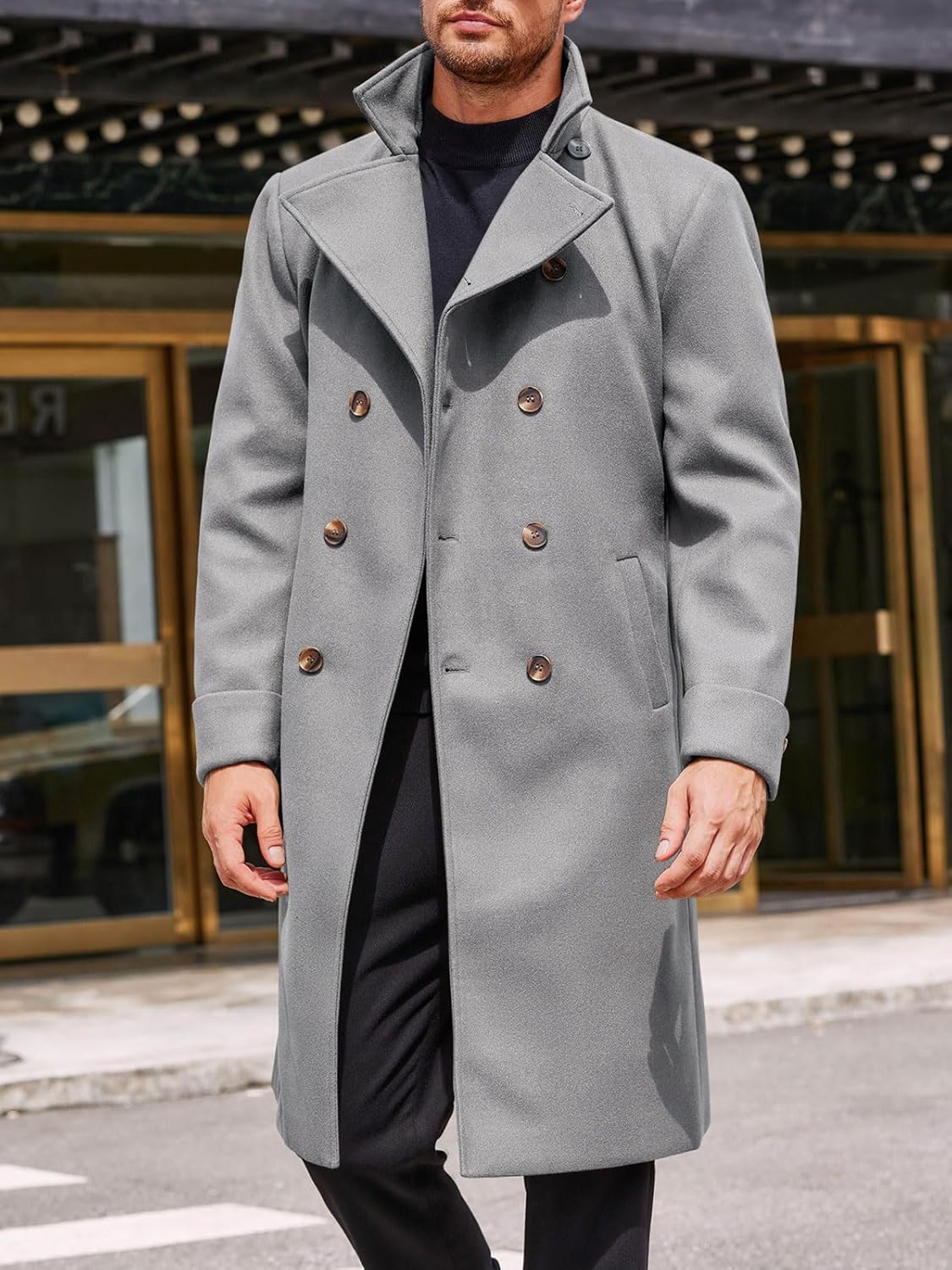 Mens Trench Coat Notch Lapel Double Breasted Belted Pea Coat Wool Blend Winter Warm Overcoat