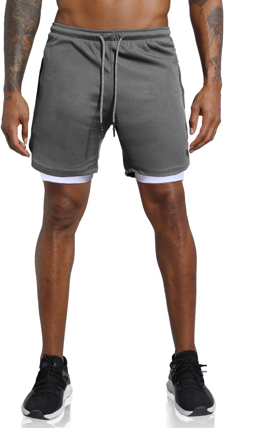 men 2 in 1 Workout Running Shorts Lightweight Training Yoga Gym 7" Short with Zipper Pockets