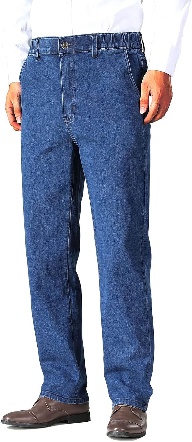men Elastic Waist Jeans Relaxed Fit with Zipper and Button