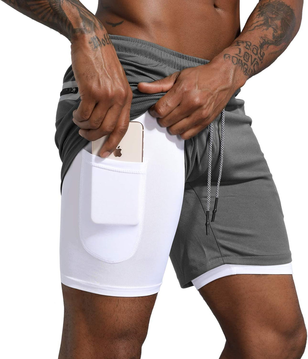 men 2 in 1 Workout Running Shorts Lightweight Training Yoga Gym 7" Short with Zipper Pockets