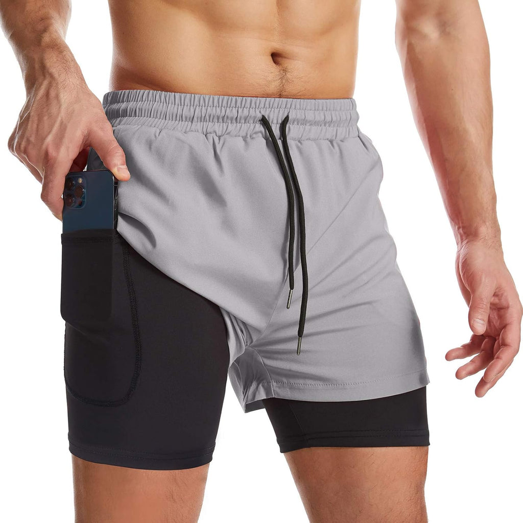 men 2 in 1 Running Shorts Quick Dry Athletic Shorts with Liner, Workout Shorts with Zip Pockets and Towel