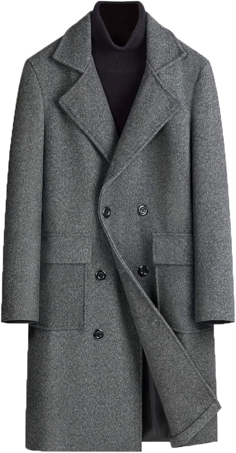 Mens Wool Blend Pea Coat Warm Winter Trench Coat Notched Lapel Double Breasted Overcoat