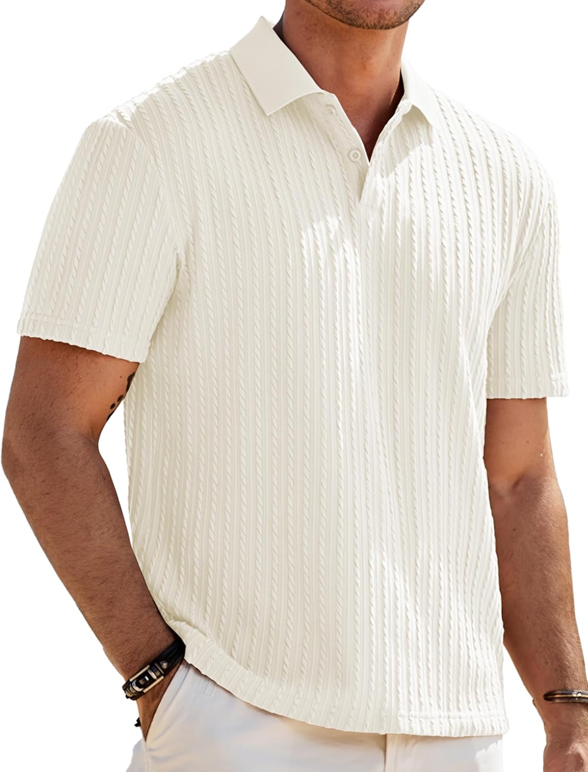 Men Casual Polo Shirt Summer Short Sleeve Vacation Button Beach Knit Stretchy Golf Shirts