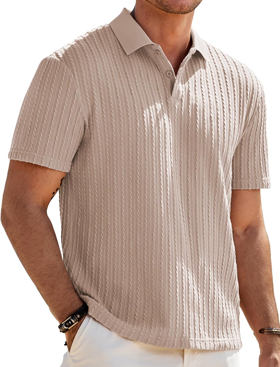 Men Casual Polo Shirt Summer Short Sleeve Vacation Button Beach Knit Stretchy Golf Shirts