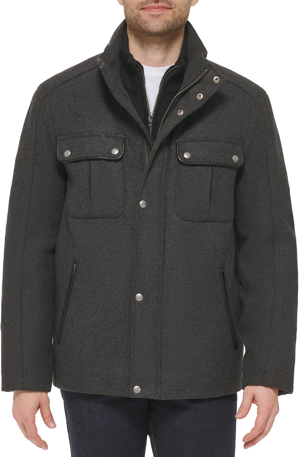 Men's Wool  Stand Collar Jacket with Patch Pockets