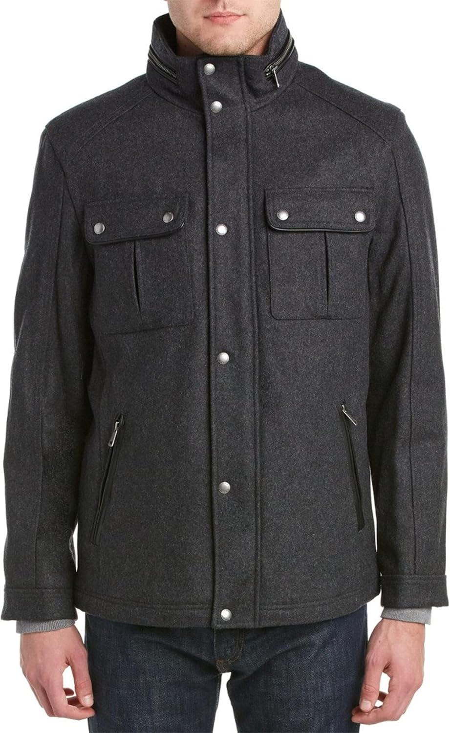 Men's Wool  Stand Collar Jacket with Patch Pockets