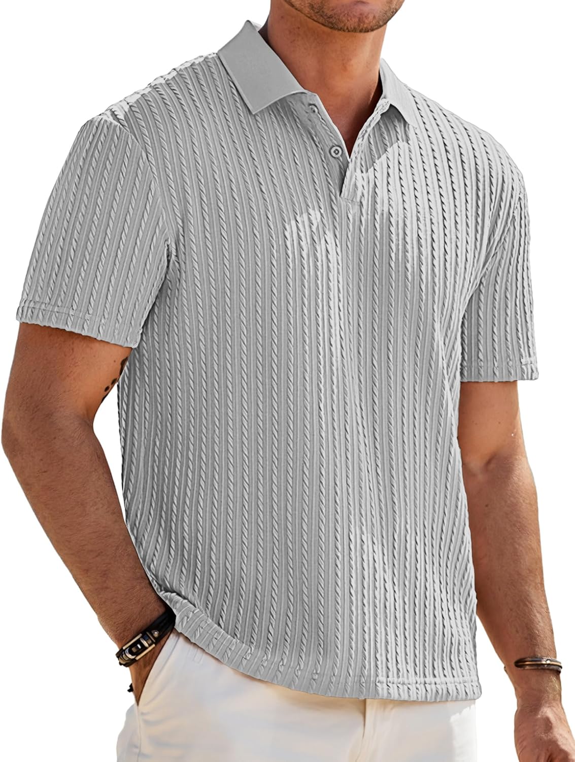Men Casual Polo Shirt Summer Short Sleeve Vacation Button Beach Knit Stretchy Golf Shirts