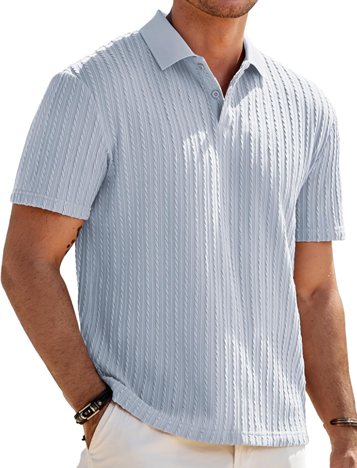 Men Casual Polo Shirt Summer Short Sleeve Vacation Button Beach Knit Stretchy Golf Shirts