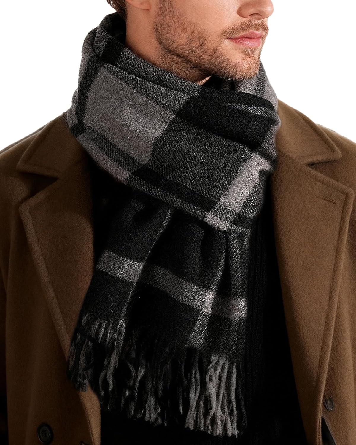 Winter Scarf for Men Long Soft Warm Scarves Plaid Tassel Scarf for Men